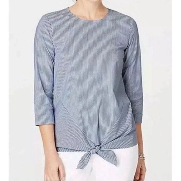 J. Jill Cotton Blend Blue Striped Tie Waist Shirt Top 3/4 Sleeves Size Large - Picture 1 of 13